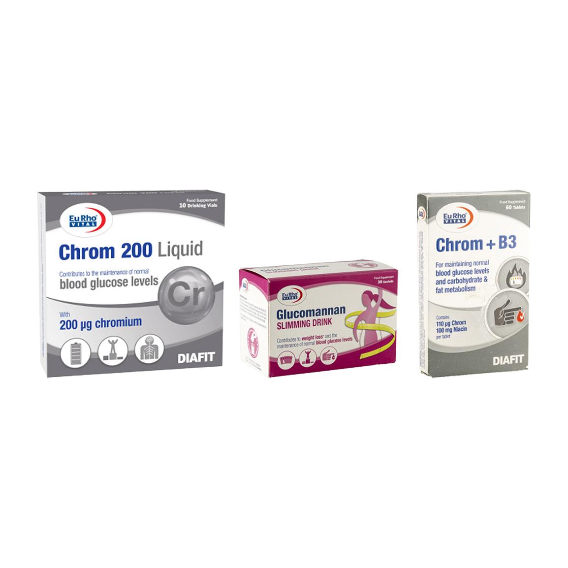 پک 3 عددی ویال خوراکی کروم و قرص Chrom + B3 و ساشه گلوکومانان مناسب برای لاغری و تناسب اندام