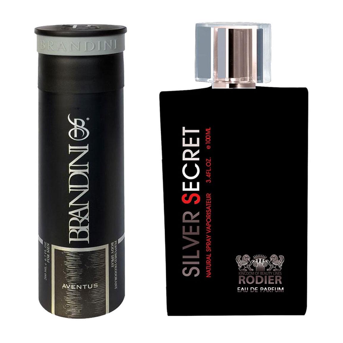 پک هدیه روز مرد 2 عددی شامل اسپری مدل Aventus و ادوپرفیوم مدل Silver Secret