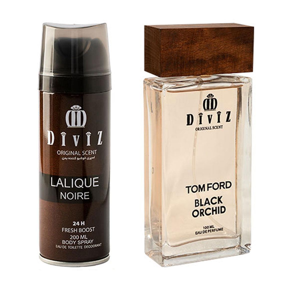پک هدیه روز مرد 2 عددی شامل اسپری بدن مدل Lalique Noire و ادوپرفیوم مدل Tom Ford Black Orchid