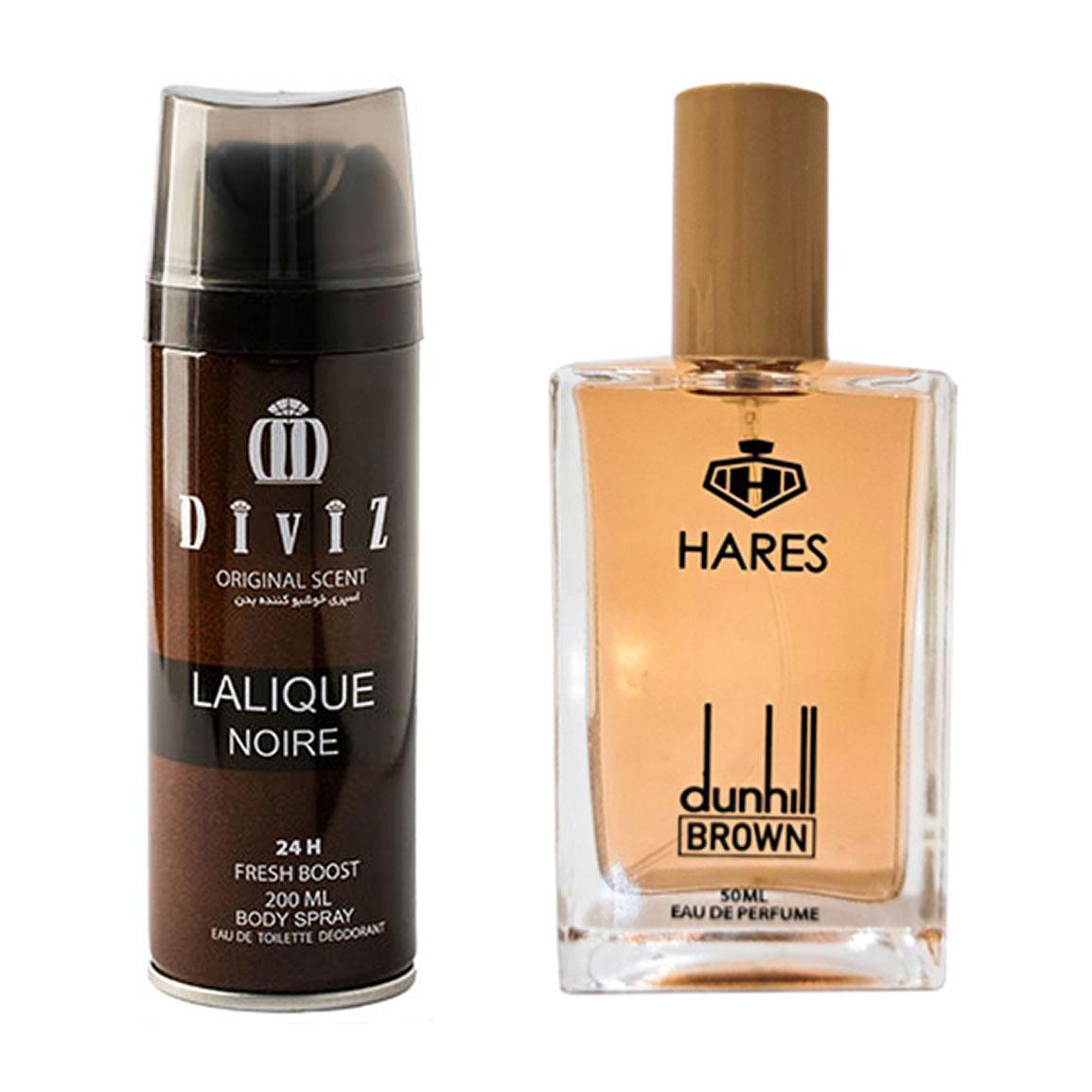 پک هدیه روز مرد 2 عددی شامل اسپری بدن مدل Lalique Noire و ادوپرفیوم مدل Dunhill Brown