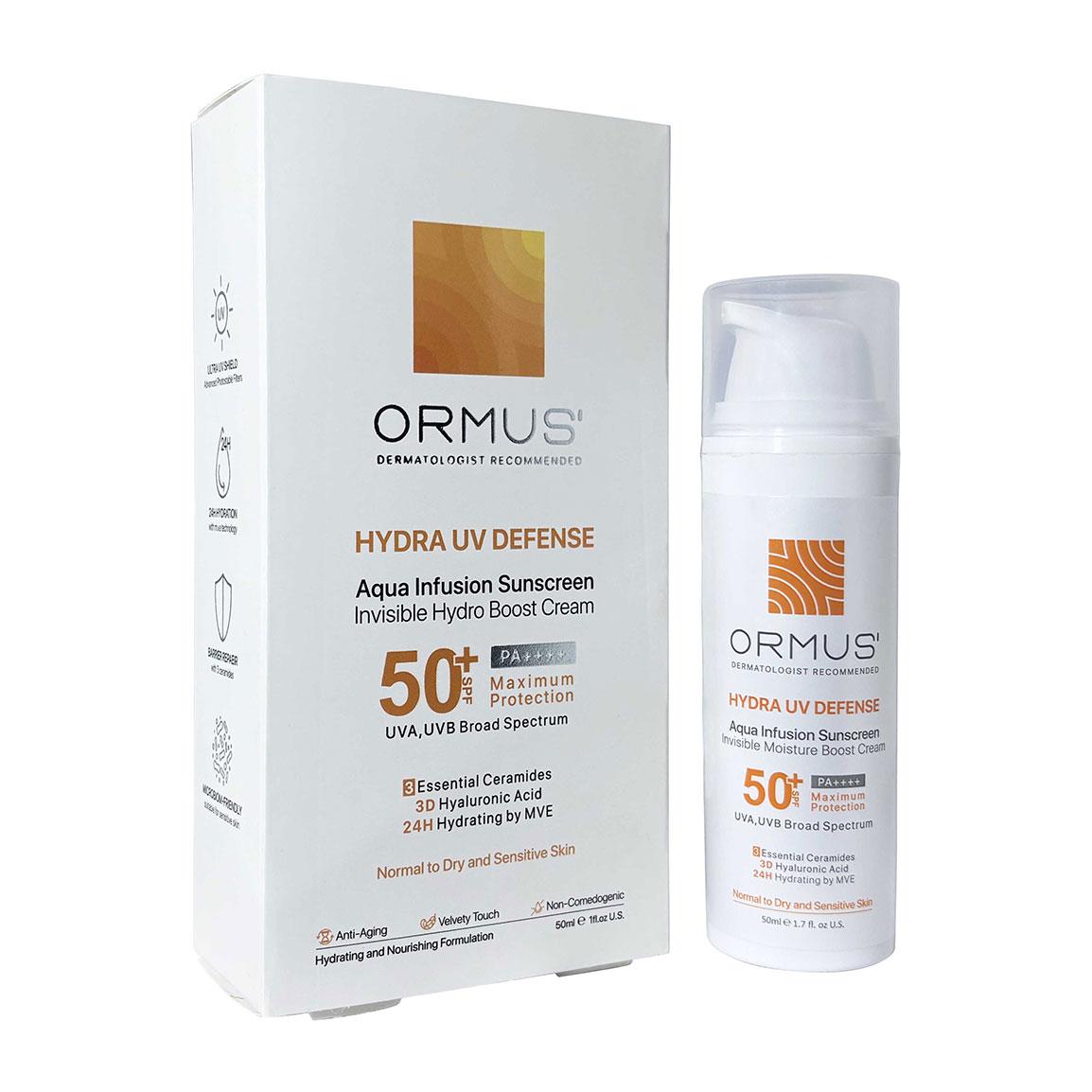 کرم ضد آفتاب بدون رنگ مدل Hydra با SPF50 مناسب پوست نرمال تا خشک و حساس حجم 50 میلی لیتر