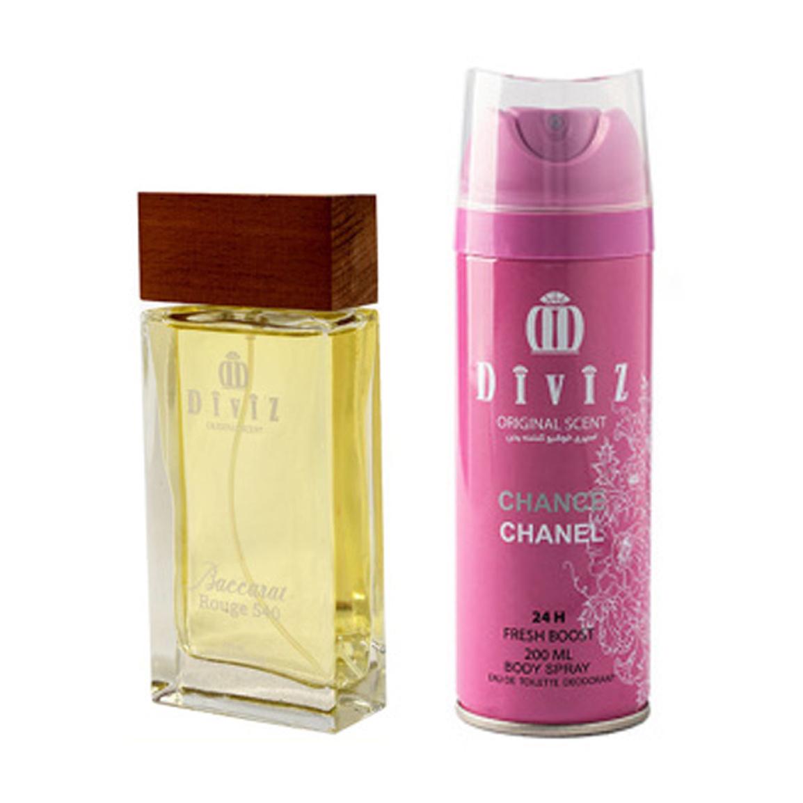 پک 2 عددی ادوپرفیوم مدل Baccarat Rouge حجم 100 میلی لیتر و اسپری بدن مدل Chanel Chance حجم 200 میلی لیتر